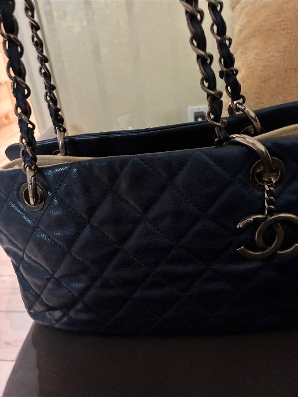 CHANEL Quilted Navy Leather Shoulder Bag with silver CC Charm